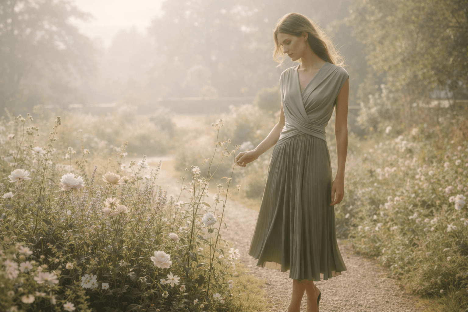 Model in draped jersey wrap top and pleated midi skirt in a sunlit garden
