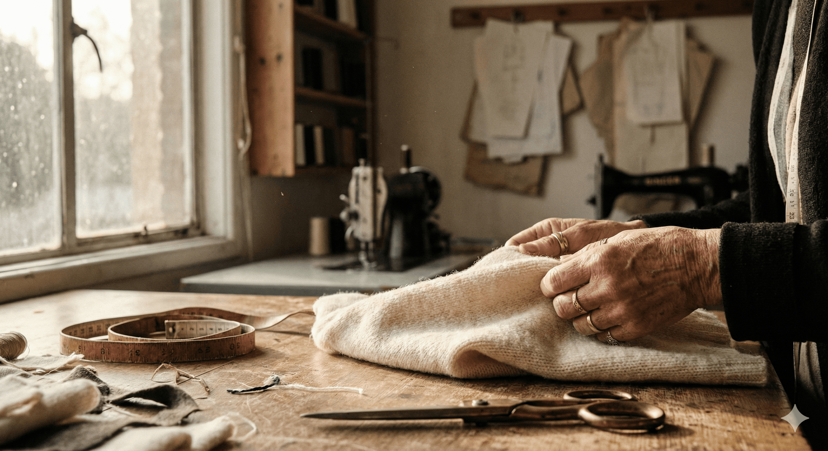 Artisan hands crafting textile on a wooden workbench
