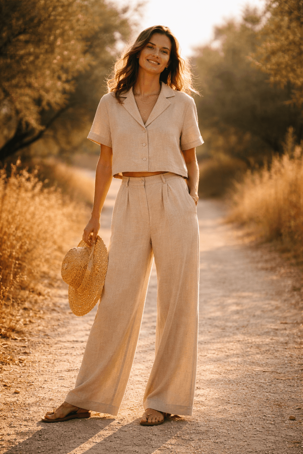 Linen co-ord set styled with woven accessories at golden hour