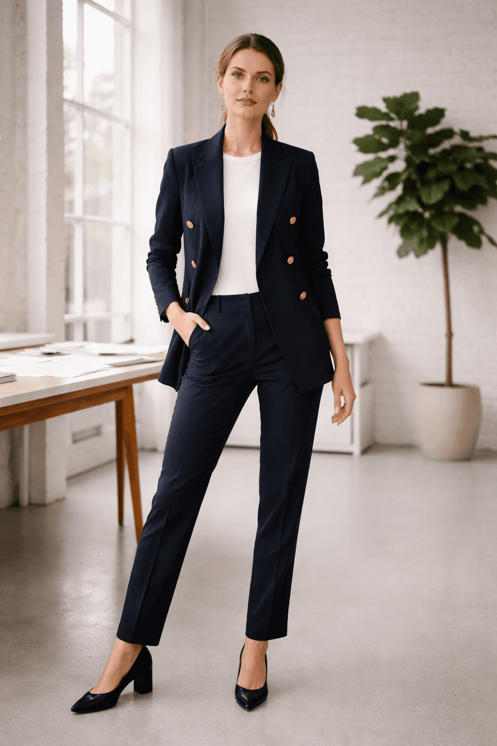 Model in double-breasted navy blazer and slim trousers in a light-filled atelier