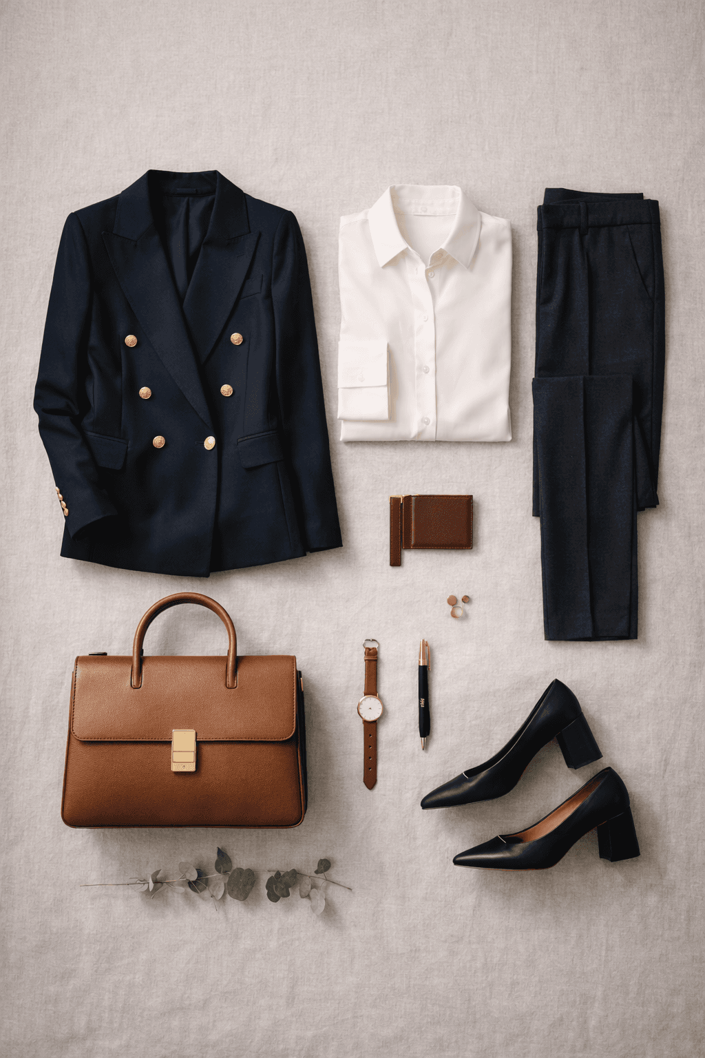 Overhead flat-lay of curated work wardrobe essentials