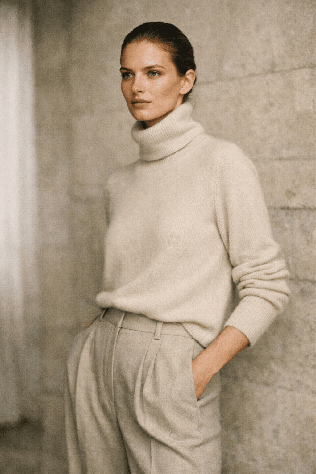 Model in cashmere turtleneck and tailored wide-leg trousers against a muted stone backdrop