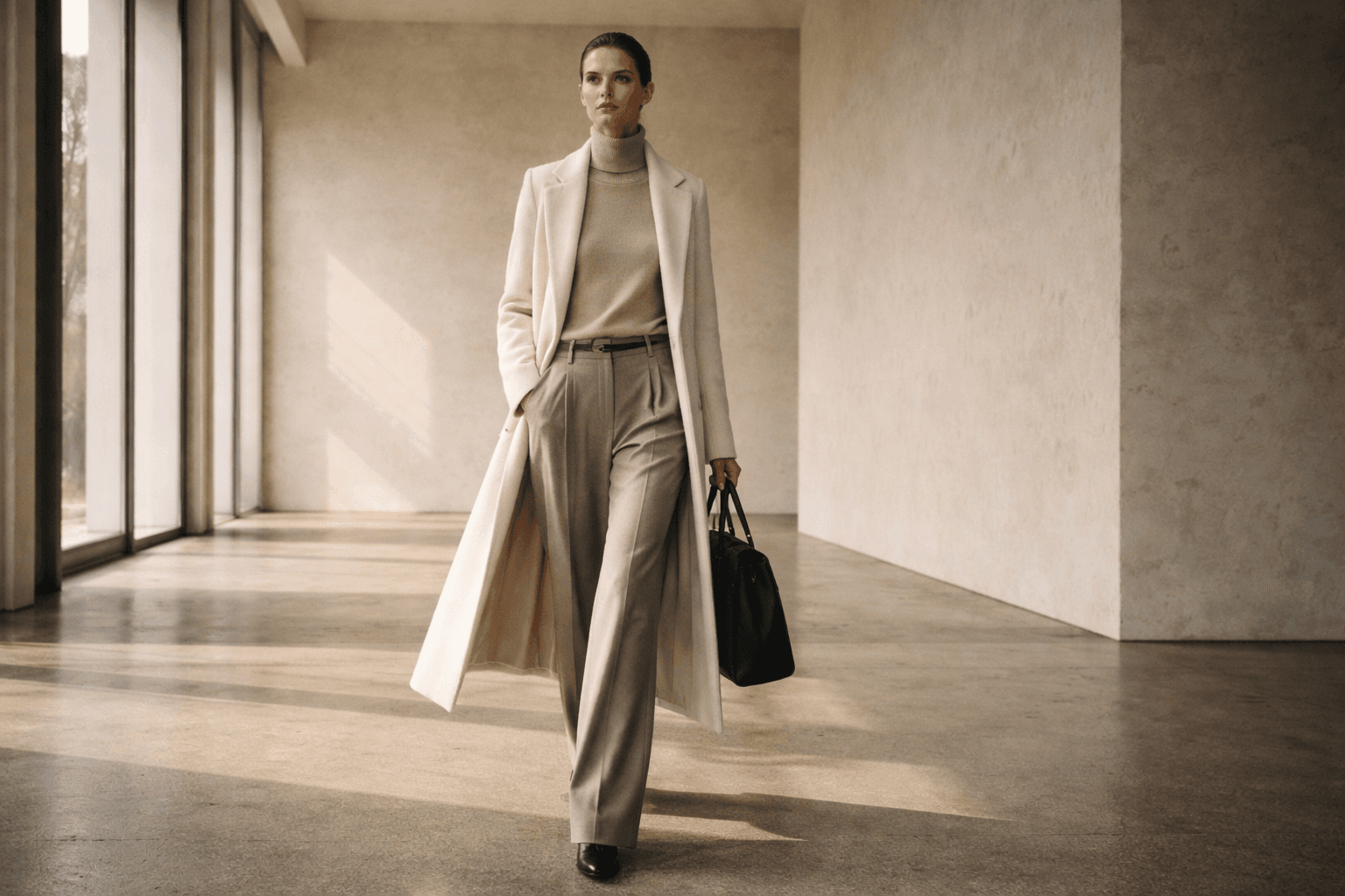 Full look featuring layered neutrals with a structured leather tote