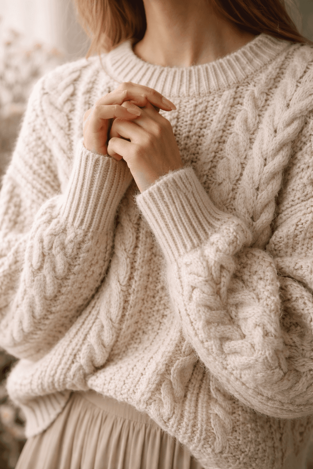 Textured knit details against a backdrop of pale wildflowers