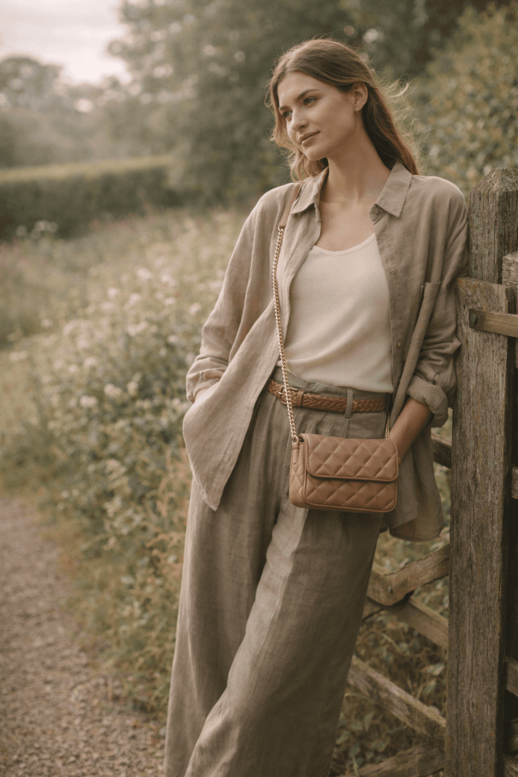 Relaxed silhouette layering with earth-toned accessories